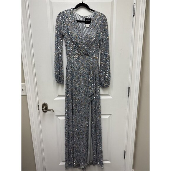 Mac Duggal Size 2 Silver 5213 SEQUIN LONG SLEEVE Wrap Formal GOWN Dress $498 - Picture 4 of 11